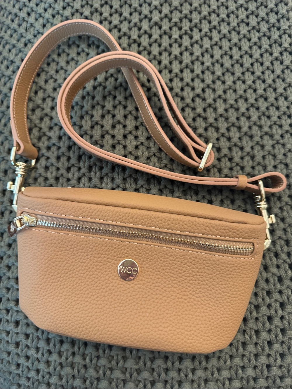 CHANEL Tan Pebbled Leather Crossbody Bag with good Hardware